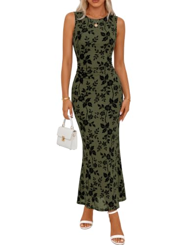 MEROKEETY Womens Summer Wedding Guest Sleeveless Maxi Dress, ArmyGreen, M