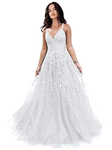 Chicbridal Glitter Tulle Prom Dresses Women Lace Appliques Long Ball Gwons with Spaghetti Straps A-Line Evening Dresses 2023 White US2