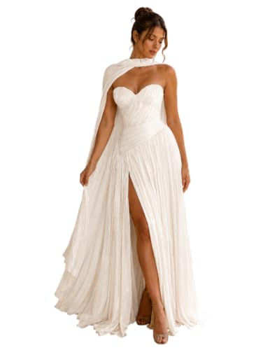 EDECPBM Strapless Pleated Formal Dress with Scarf and High Slit White US12