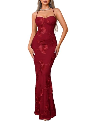 ChiaoLezhee Women Floral Formal Corset Dress Maxi Prom Gown,Burgundy,S