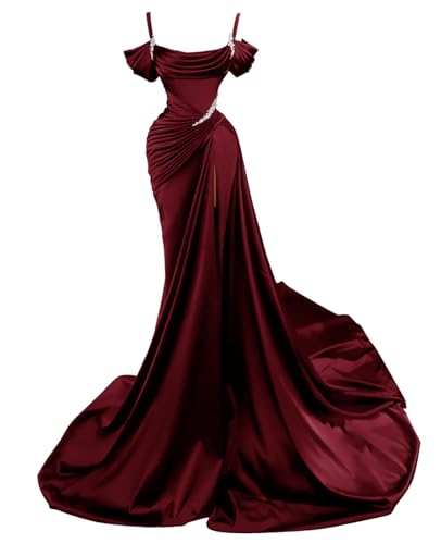 Burgundy Mermaid Prom Dresses with Slit 2026 Satin Long Spaghetti Straps Beaded Formal Evening Dresses for Women Size 12