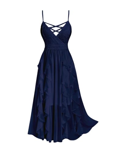 ROSE GAL Plus Size Party Dress for Women Lace Ruffles Cirsscross Cocktail Dress Bridesmaid Dress Wedding Guest Dress Maxi Cami Formal Dress(Blue_1/2X)
