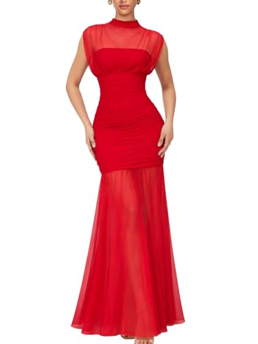 LAGSHIAN Women's Sleeveless Mesh High Neck Ruched Cocktail Maxi Dress Red