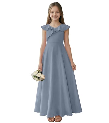 FLwuhui Junior Bridesmaid Dress Floor Length Chiffon Flower Girl Dresses Dusty Blue Girls Bridesmaid Prom Dress US6
