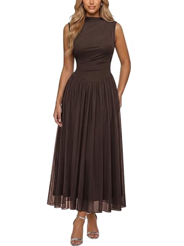 AISIZE Women's Mesh Sleeveless Flowy Ruched Waist Elegant Casual Dress | Soft stretch fabric, A-line, flattering, mock neck, draped, great for formal, vacation, brunch, parties & daily wear, banquet