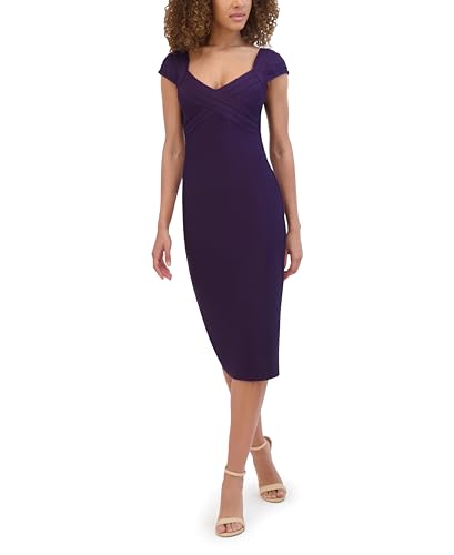 Siena Women's Short Sleeve Sweatheart Neck Bandage Knit Bodycon Midi Dress, Plum, 2