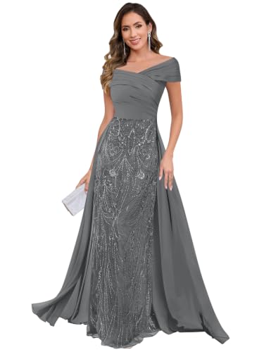 Off the Shoulder Mother of the Groom Dress for Wedding Grey US14