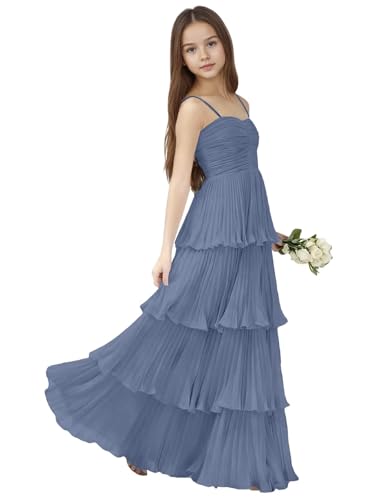 Gnleyane Ruffles Junior Bridesmaid Dresses for Teen Girls Dusty Blue Chiffon Flower Girl Dress Sweetheart Girls Wedding Guest Dress Size 12