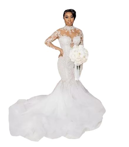 OnsmO African high Neck Mermaid lace Women Ball Gown Wedding Dresses for Brides with Long Sleeves Train Ivory, 12