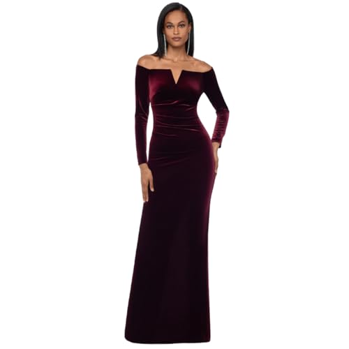 Xscape Women's Long Sleeve Velvet Off Shoulder Notch Neck Floor Length Evening Gown, Burgundy, 8
