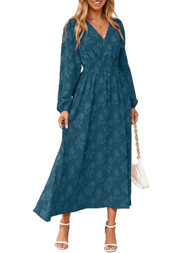 Simplee Womens Boho Floral Long Sleeve Maxi Dress V Neck Empire Waist Fall Wedding Guest Dresses with Pockets Lake Blue L
