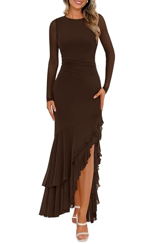 BTFBM Women's Maxi Dresses Fall 2026 Long Sleeve Wedding Guest Dress Coffee