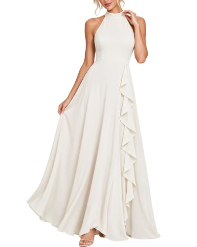 JAEDEN Halter Bridesmaid Dress Ruffles Formal Wedding Guest Dress Champagne | High Neck, Sleeveless Maxi Dresses, Bodycon, High Waist, Split, A-Line, Elegant and Stylish, Long Dresses