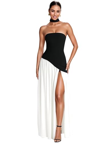 Figdaw Women's Summer Strapless Maxi Dresses Sleeveless Ruffle Pleated Long Flowy Elegant Cocktail Party Bridesmaid Dress,Black White,M,D5218491G