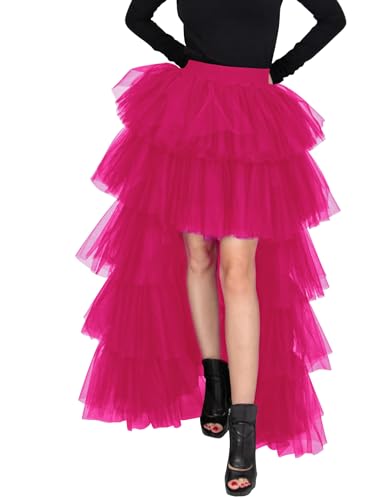 Women Pink Tulle Skirt High Waist High Low Layered Tulle Skirt Spectial Occasion Dress for Women Fuchsia
