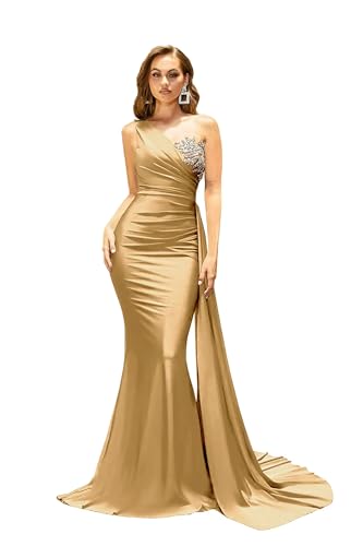 Plus Size Bridesmaid Dresses Long One Shoulder Beaded Satin Backless Pleated Mermaid Formal Evening Dresses for Women Deep-Gold 16Plus
