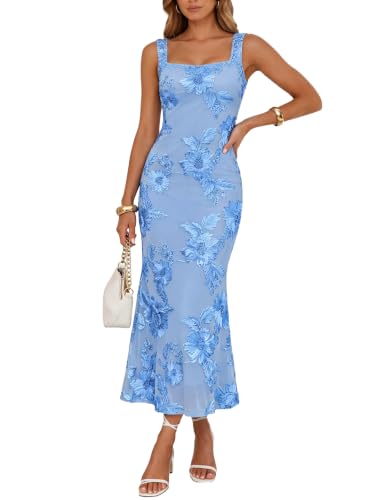 YMDUCH Women's Sleeveless Square Neck Floral Long Formal Dress Sky Blue | Mesh,Stretch,Bodycon,Elegant,Fishtail,Tank Strap,Summer,Wedding Guest,Cocktail,Party,Evening,Maxi,Romantic