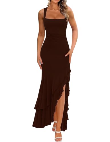 Women's Elegant Bodycon Ruched Maxi Cocktail Dress,L,Coffee