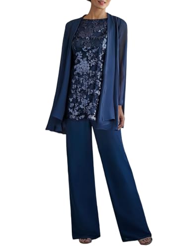 Women's 3PC Lace Pants Suits Mother of Bride Dressy Elegant Sets Wedding Formal Outfit Navy