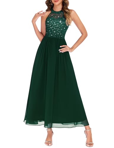 Wedtrend Women's Green Sequin Dress Floor Length Dresses for Women Formal Evening Party Halter Long Cocktail Dresses for Women Bridesmaid Dress 80s Prom Evening Gowns WT0201XP DarkGreen XL
