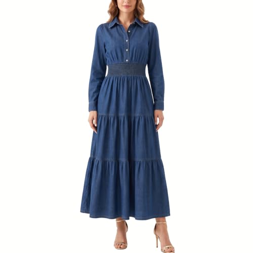 Women's Denim Maxi Dress Long Sleeve Button Front Tiered Smocked Waist