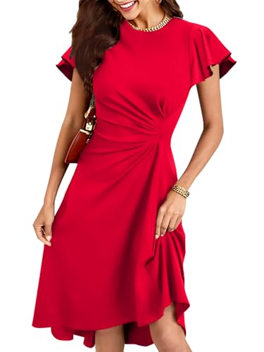 oten Women's Elegant Ruffle Sleeve Cocktail Party Semi Formal A Line Swing Fit Flare Ruched Midi Dress, Red, Medium
