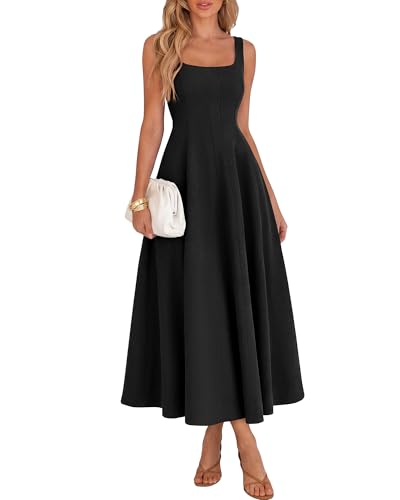 BTFBM Elegant Cocktail Dresses for Women 2026 Summer Square Neck Sleeveless A Line Formal Wedding Guest Party Maxi Dress(Black, Small)