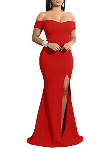 YMDUCH Women's Off Shoulder High Split Long Formal Party Dress Red | Elegant,Evening Gown,Mermaid,Bodycon,Wedding Guest,Prom,Maxi,Stretch,Cocktail,Sweetheart Neck