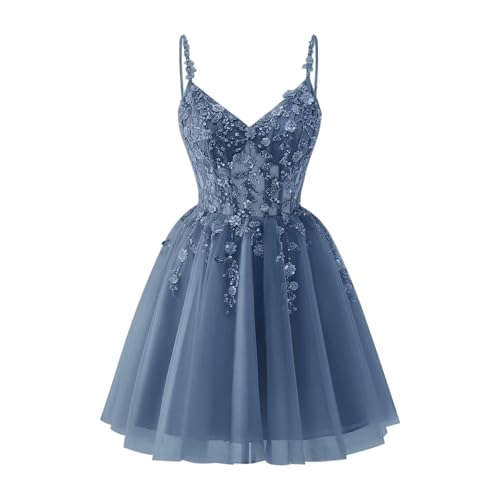 Lqdyrt Lace Applique Tulle Dusty Blue Homecoming Dresses for Teens Sparkly 3D Flower Spaghetti Straps Short Prom Dress Sequin V-Neck DAMA Dress US0