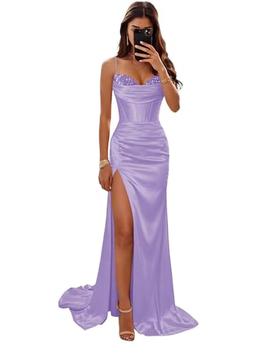 Egorfic Lilac Satin Prom Dresses for Women 2026 Sparkly Sequin Beaded Mermaid Corset Backless Ruched Sexy Long Slit Formal Evening Party Gown Size 8