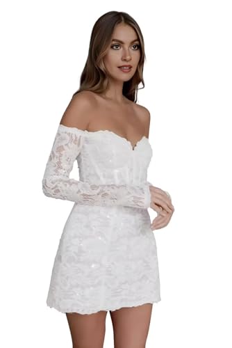 UZN Short Wedding Dresses for Bride 2026 Boho Off Shoulder Lace Long Sleeve Mini 3D Flower Tulle Applique Open Back Beach Tight Bridal Dress for Bride White US14