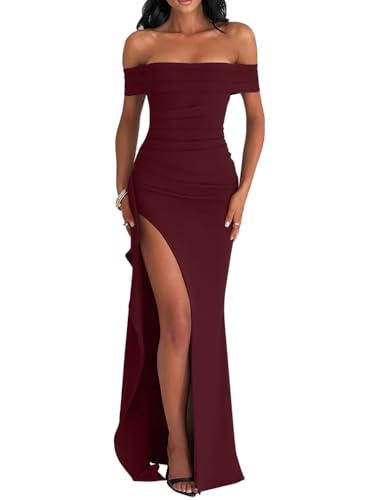 LAGSHIAN Women's Off Shoulder Sleeveless High Split Long Dress WineRed