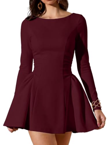 LAGSHIAN Women's Long Sleeve Boat Neck A Line Party Mini Dress WineRed | Elegant Fit and Flare Feminine Party Short Dress,Soft,Stretchy,Birthday,Christmas,New Year,Date Night,Wedding Guest