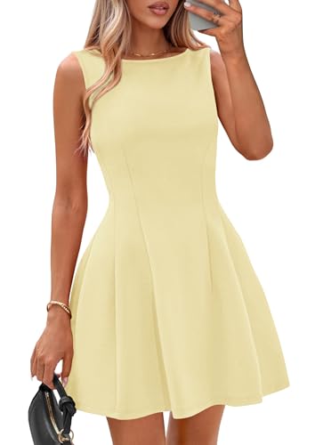 IWD Cocktail Dresses for Women 2026 Summer Elegant Classy A Line Boat Neck Sleeveless Mini Short Party Dress (Light Yellow, Large)