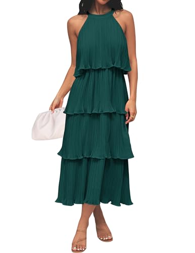 ZESICA Women's 2025 Summer Sleeveless Halter Neck Ruffle Tiered Layed Chiffon Flowy Swing Long Midi Dress,DarkGreen,X-Large