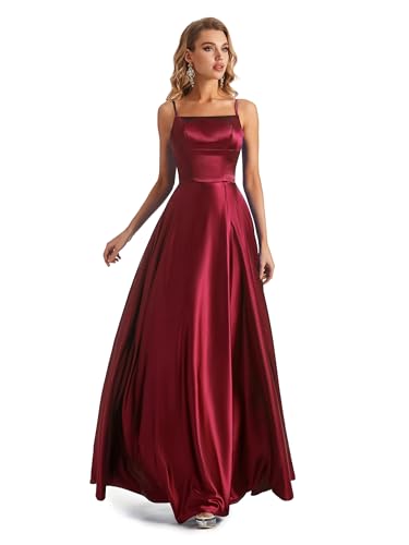 Lecureler Satin Slit Spaghetti Strap Prom Dress Burgundy Size 10