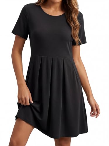 levaca Petite Dresses for Women Short Sleeve Summer Dress Pleated Loose Swing Knee Length Sundress with Pockets Black M