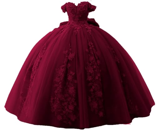 TRHTX Bow Quinceanera Dresses with Lace Appliques Burgundy Size 8 | Beading Sweet 16 Dress Long, Tulle Vestidos De 15 Años Quinceañera,off Shoulder Birthday Party Gown