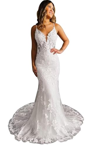 Mermaid Wedding Dress Lace Appliques Bridal Dresses with Train Long Wedding Party Gown White-C Size 10