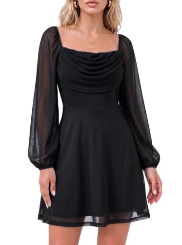Dokotoo Women Dresses Ruched Elastic Waist A-Line Flowy Dress Black L