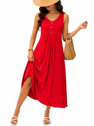 Bbkkuck Women's Printed Flowy Sundress with Pockets U Neck Summer Dress Red
