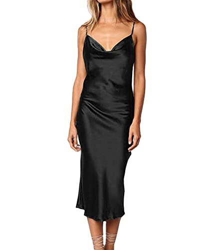 xxxiticat Women's Sleeveless Spaghetti Strap Satin Dress Cocktail Beach Evening Party Cowl Neck Dot Leopard Midi Dresses(BL,S)