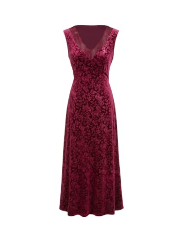 CIDER Fall Velvet Maxi Dress Women V Neck Lace Trim Sleeveless Dress Wine | Wedding Guest Dress, Formal Dress, Elegant Trendy Party Dress: Wine, M