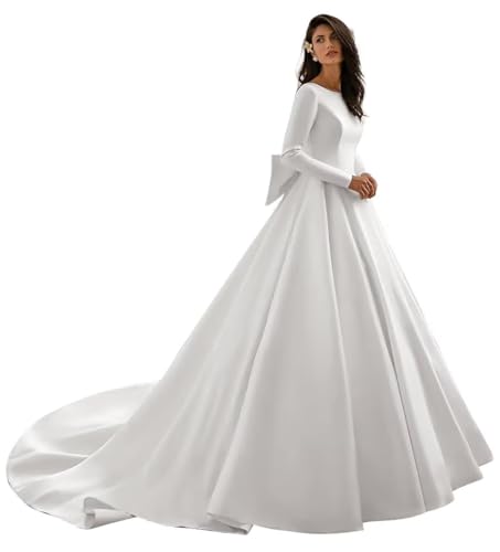 yinyyinhs Satin A-line Wedding Dresses for Women Long Sleeve Bride Dress 2026 Round Neck Bridal Wedding Ball Gowns with Bow White US14