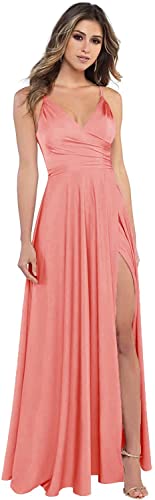 HSFIYAKJ Bridesmaid Dress Watermelon for Women Plus Size Long Slit Satin Formal Evening Gown 20W