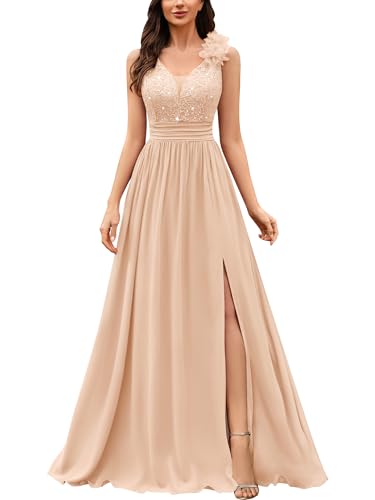Miusol Women's V-Neck Sequined Lace Evening Maxi Dress Champagne | Sequined lace bodice, Sleeveless, High Split, Formal Wedding and Guest Gown