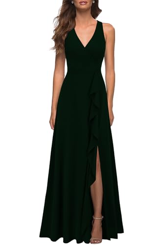 WOOSEA Women's Deep V Neck Sexy Split Evening Cocktail Party Maxi A-Line Long Formal Dress Green