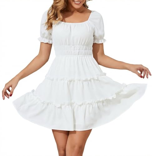 Amoretu Women’s Square Neck Mini Dress Short Sleeve Summer Graduation Bridal Shower Engagement Dresses with Pockets (White, L)