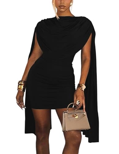 AWASIR Women Sexy Bodycon Mini Dress Cowl Neck Cape Sleeve Dress Elegant Club Party Cocktail Dresses Black M