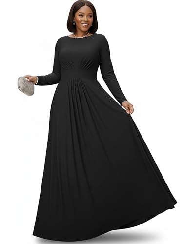 KOH KOH Plus Size Womens Long Full Sleeve Sleeves Flowy Empire Waist Fall Winter Modest Formal Floor Length Abaya Muslim Gown Gowns Soft Jersey Maxi Dress Dresses, Black 2XL 18-20